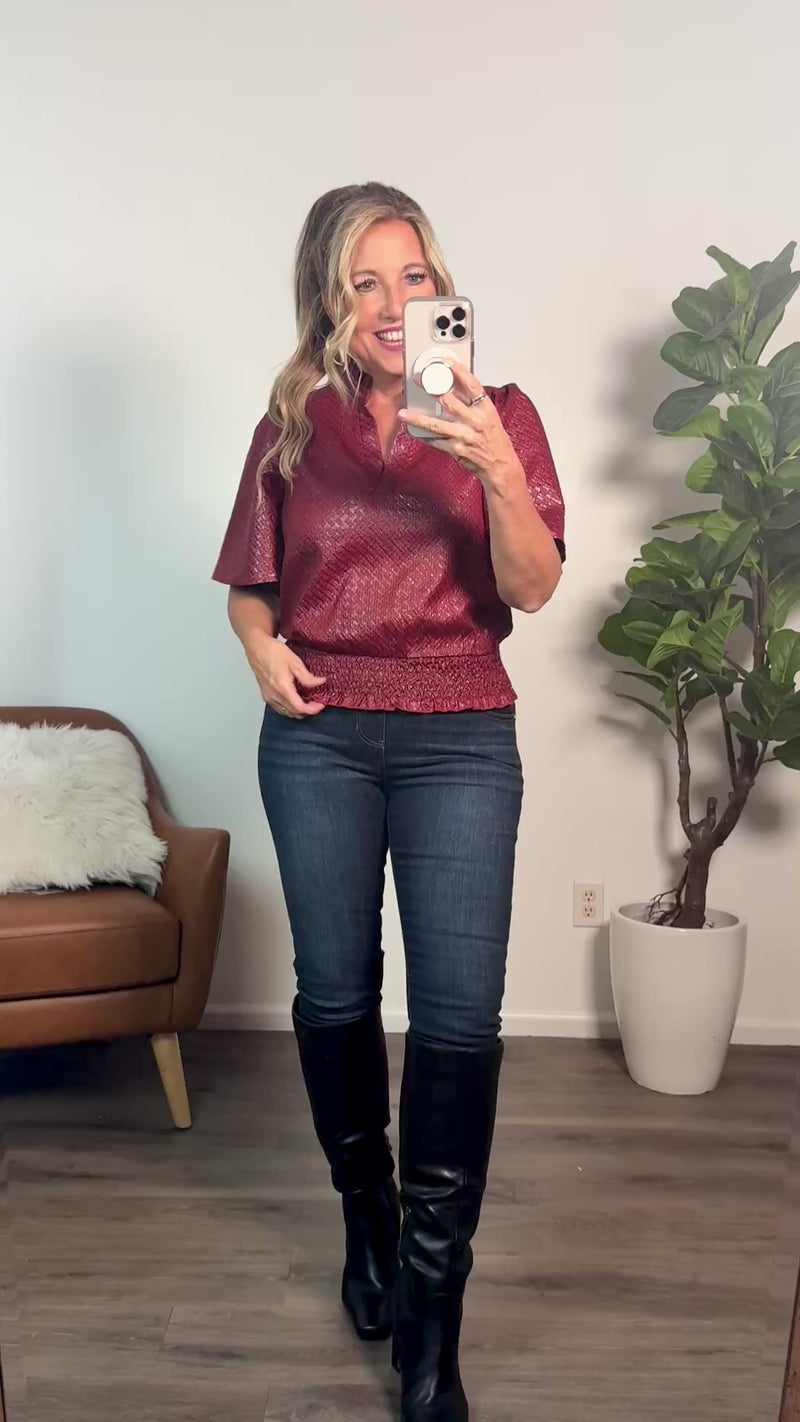 Hanako Smocked Hem Textured Top : Burgundy
