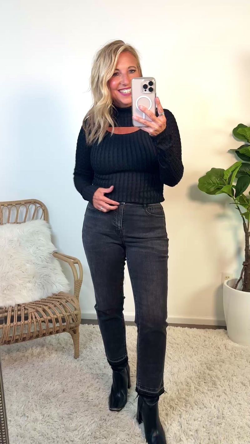 Margot Textured Knit Cutout Tee : Black