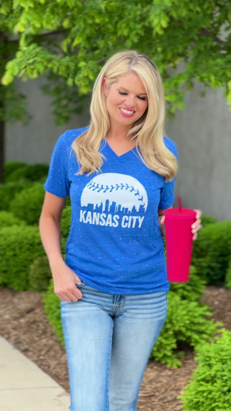 Kansas City Skyline Marble V-Neck Tee : Royal/White￼