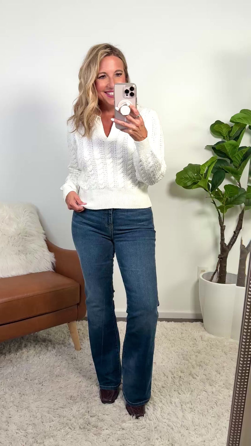 Wynry Cable Knit Johnny Collar Sweater : Off White