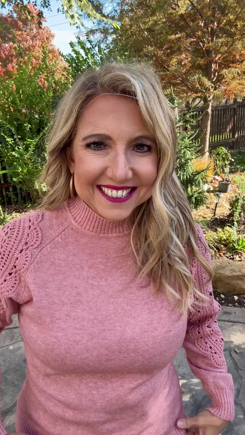 Charlie B Zenon Crochet Sleeve Mock Neck Sweater : Pink