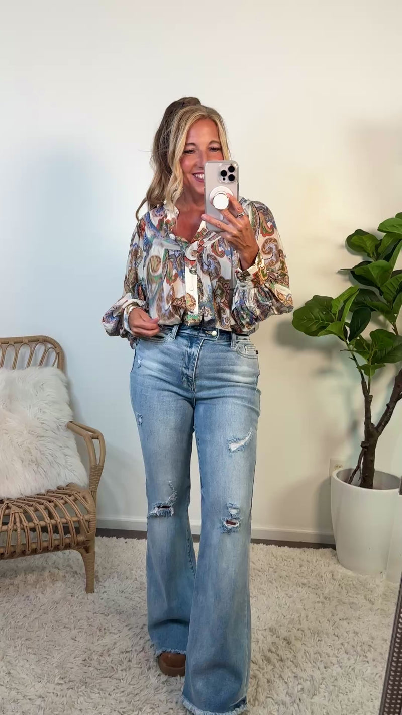 Addie Paisley Print Bubble Sleeve Top : Ivory