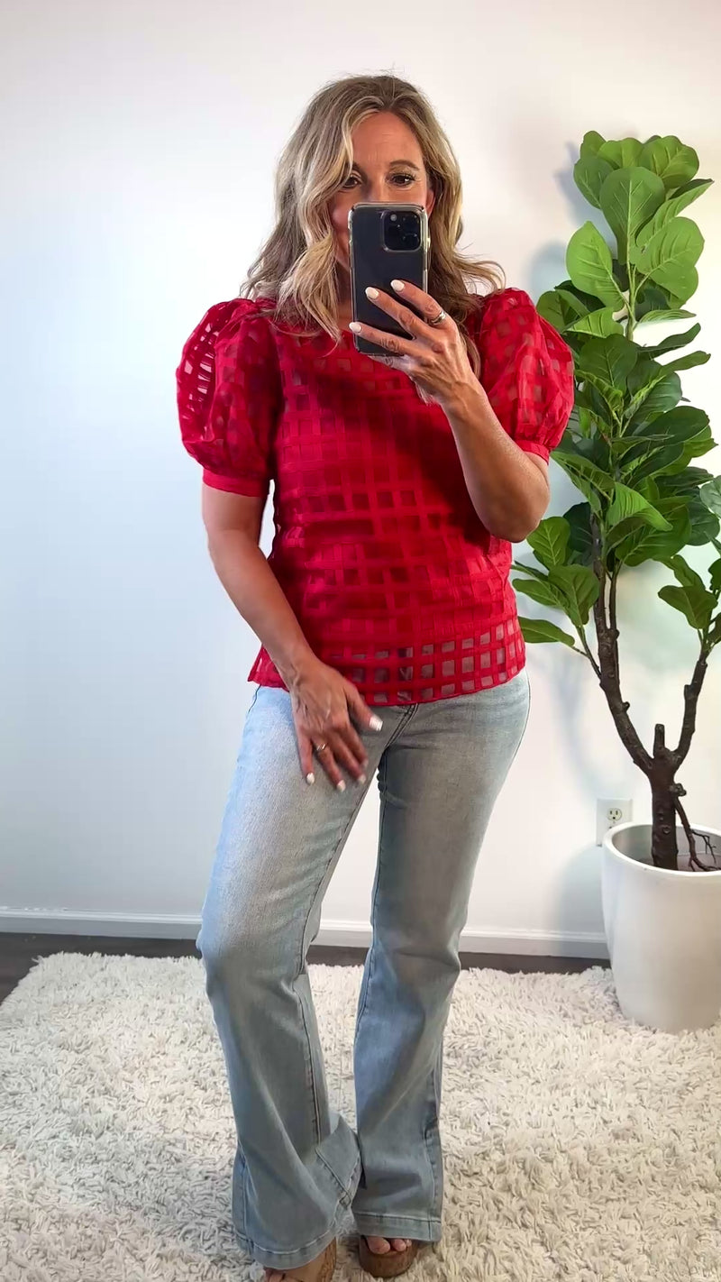 English Factory Emersyn Plaid Sheer Puff Sleeve Top : Red