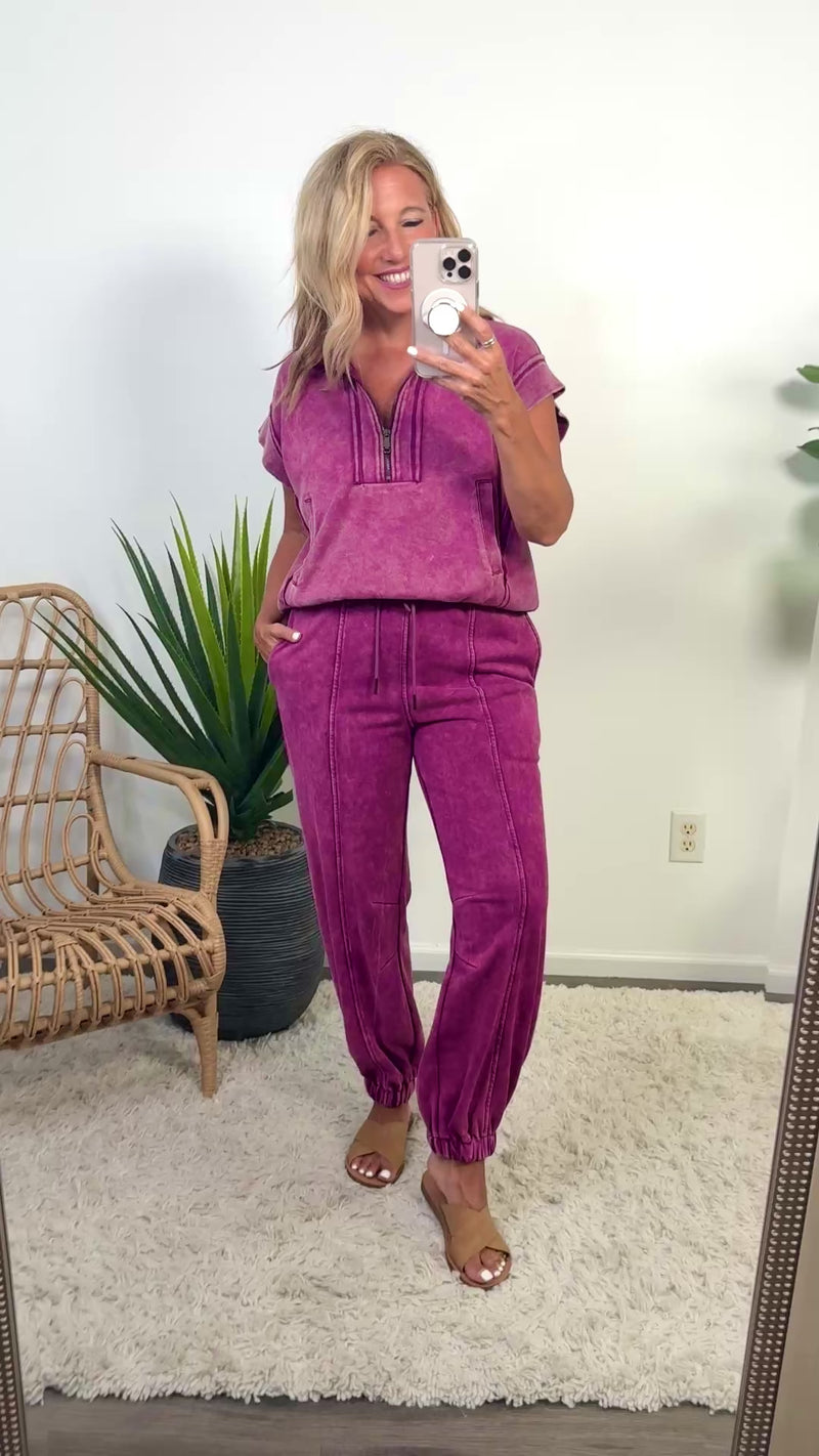 Marlee Zip Front Top W/ elastic Waist Bottoms : Plum
