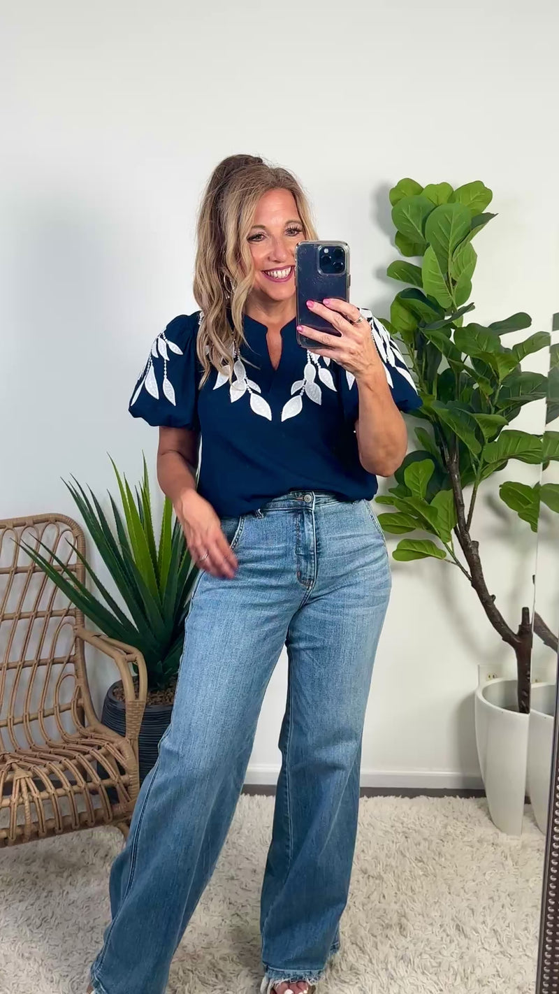 Parker Leaf Applique Top : Navy