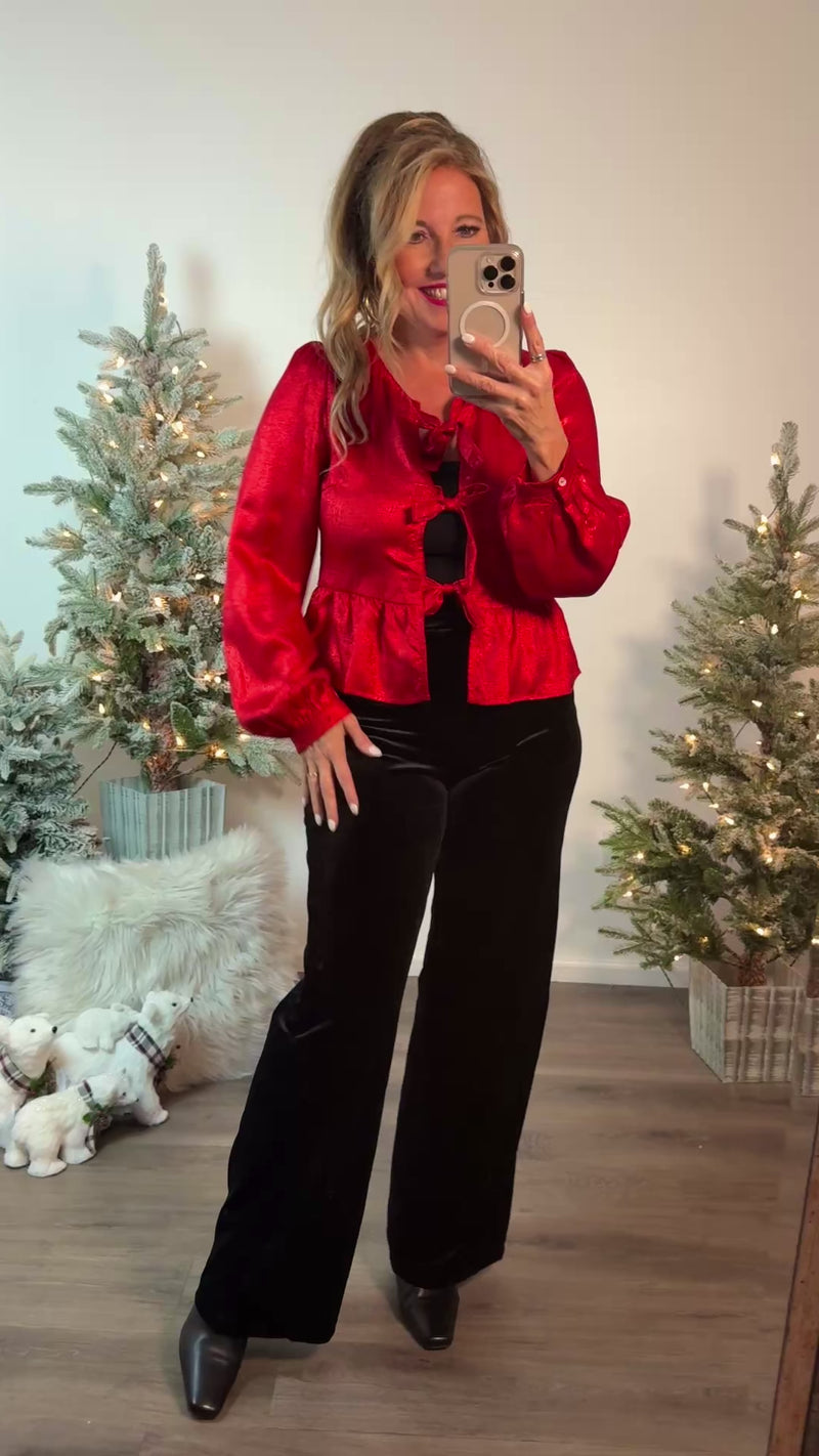 Louisa Tie Front Metallic Blouse : Red