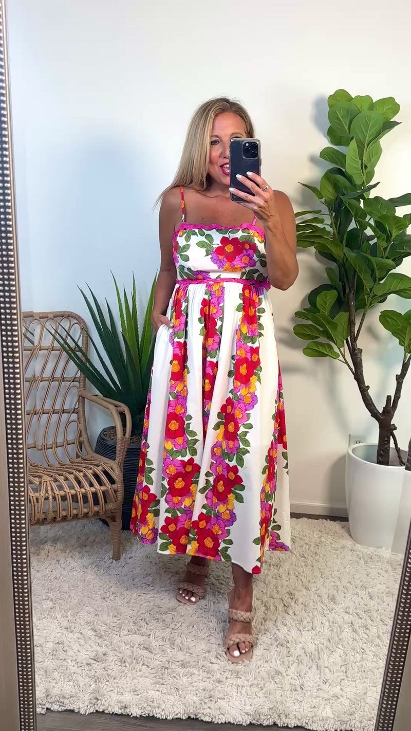 Chenoa Floral Wave Trim Maxi Dress : Fuchsia