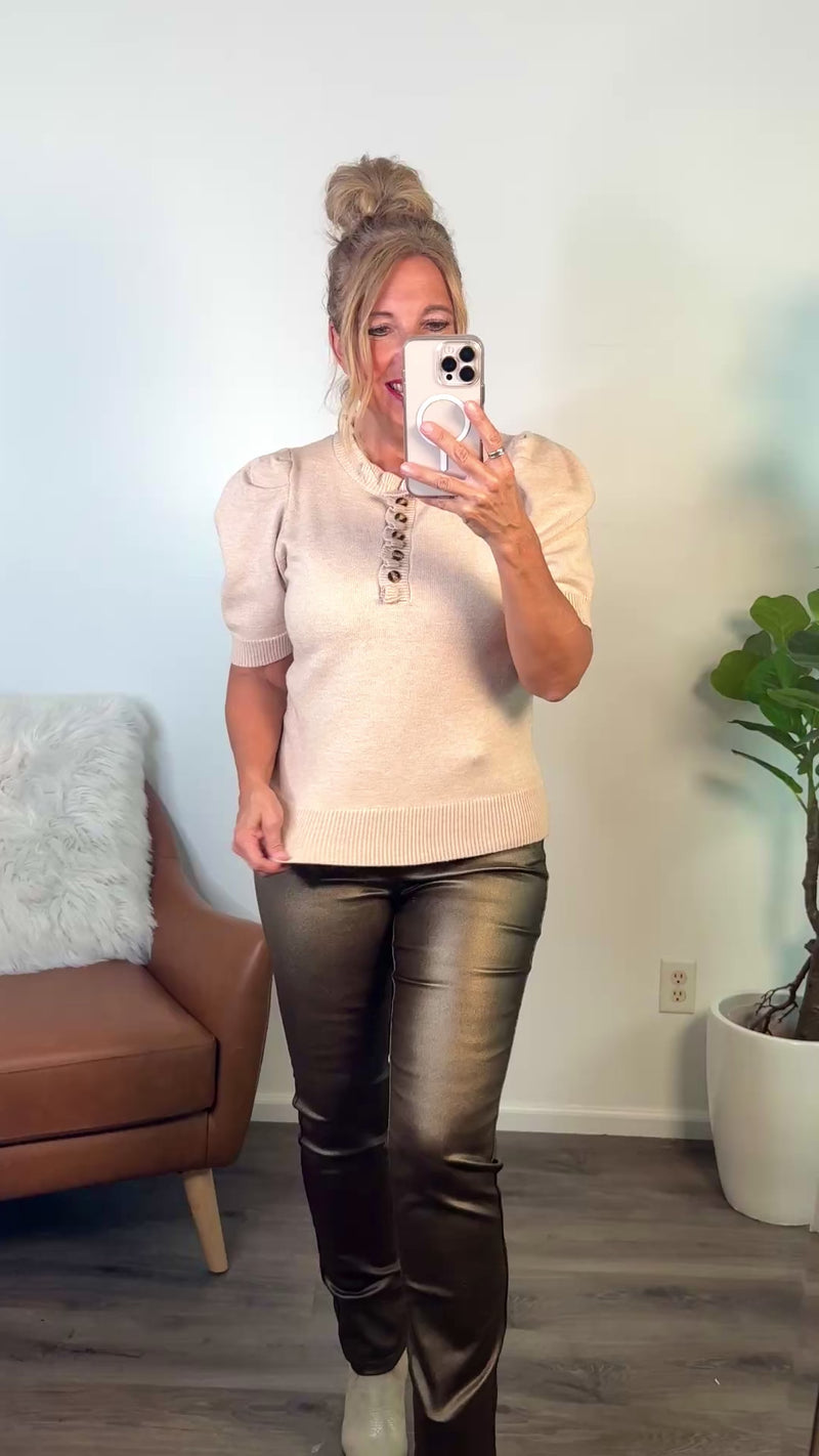 Tanaia Ruffled Neck Top : Taupe