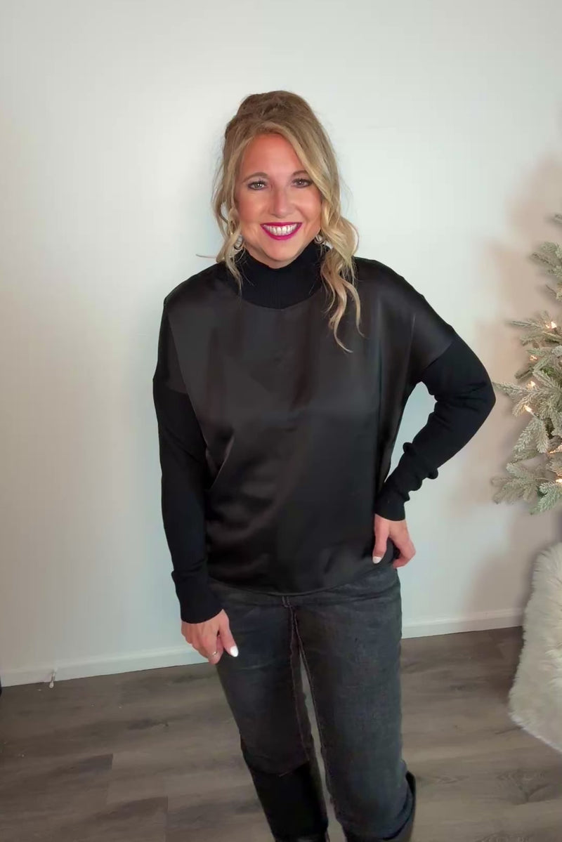 Charlie B Devyn Mock Neck Satin Knit Top : Black