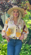 Fashionable Flair Balloon Sleeve V-Neck Blouse : Champagne/Gold/Brown