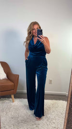 Refined Elegance Velvet Cowl Neck Jumpsuit : Teal