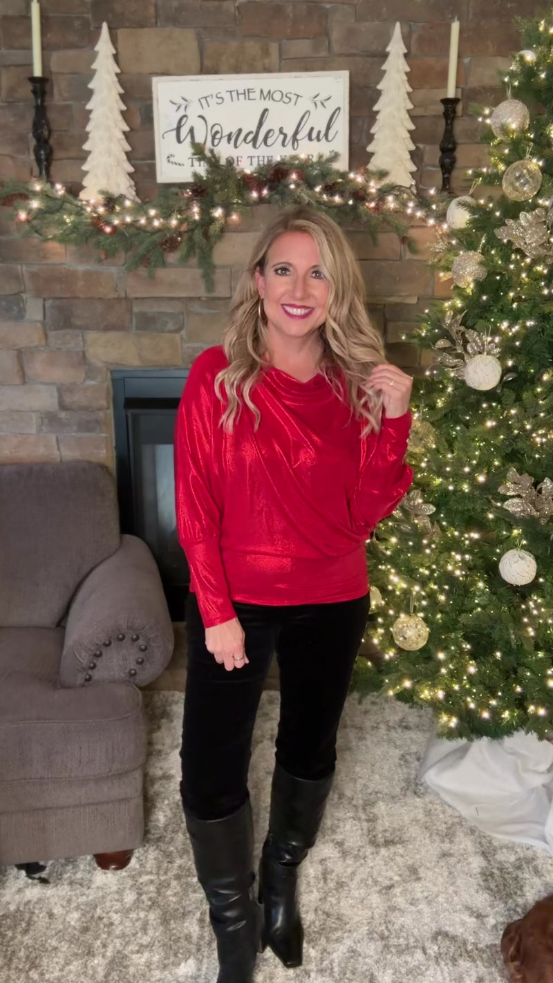 Vintage Christmas Metallic Foil Knit Top : Red