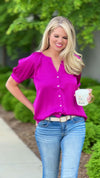 Simply Spectacular Split Neck Button Front Top : Magenta