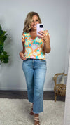 Radiating Blooms Double Ruffle Sleeved Top : Orange/Floral