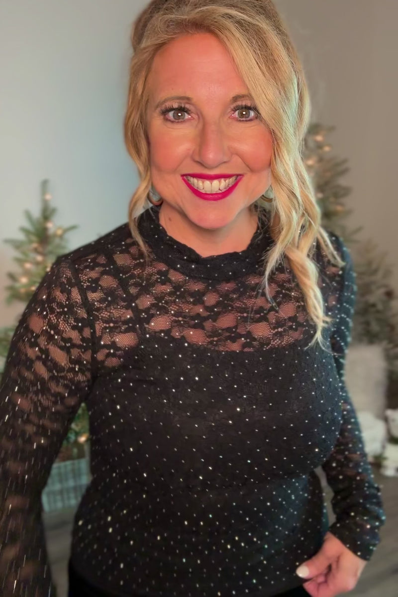 Leanne Mock Neck Lace Top : Black