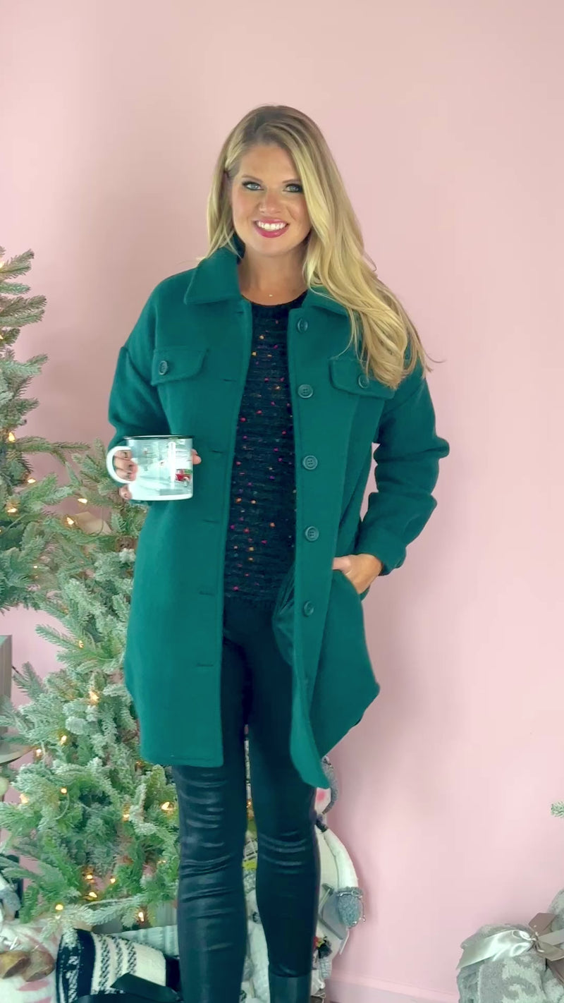 Tribal Cleo Wool Heavy Long Shacket : Hunter Green