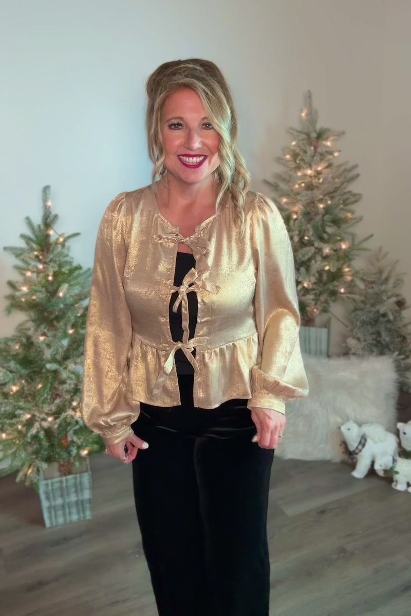 Louisa Tie Front Metallic Blouse : Gold