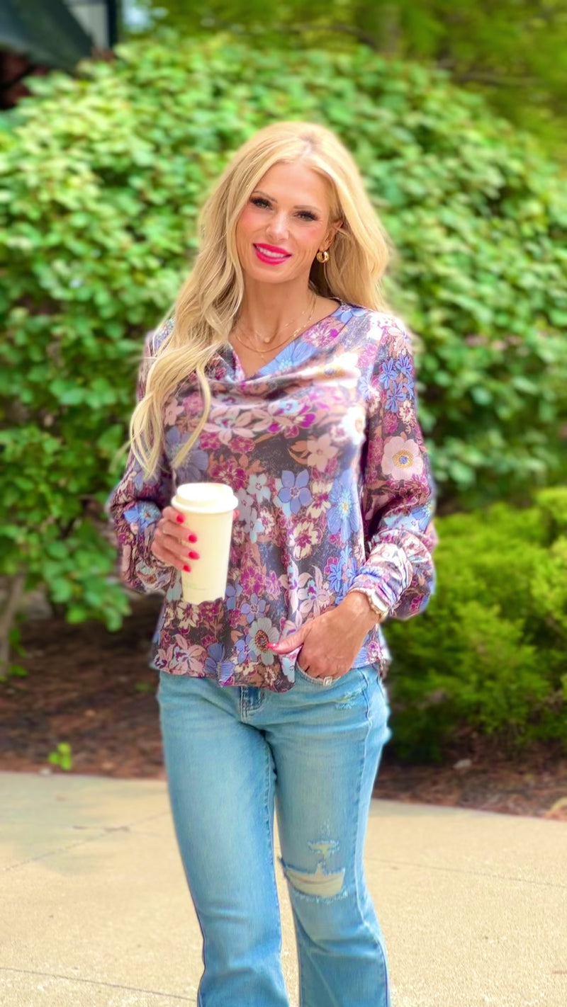 Lauren Printed Cowl Neck Blouse : Navy