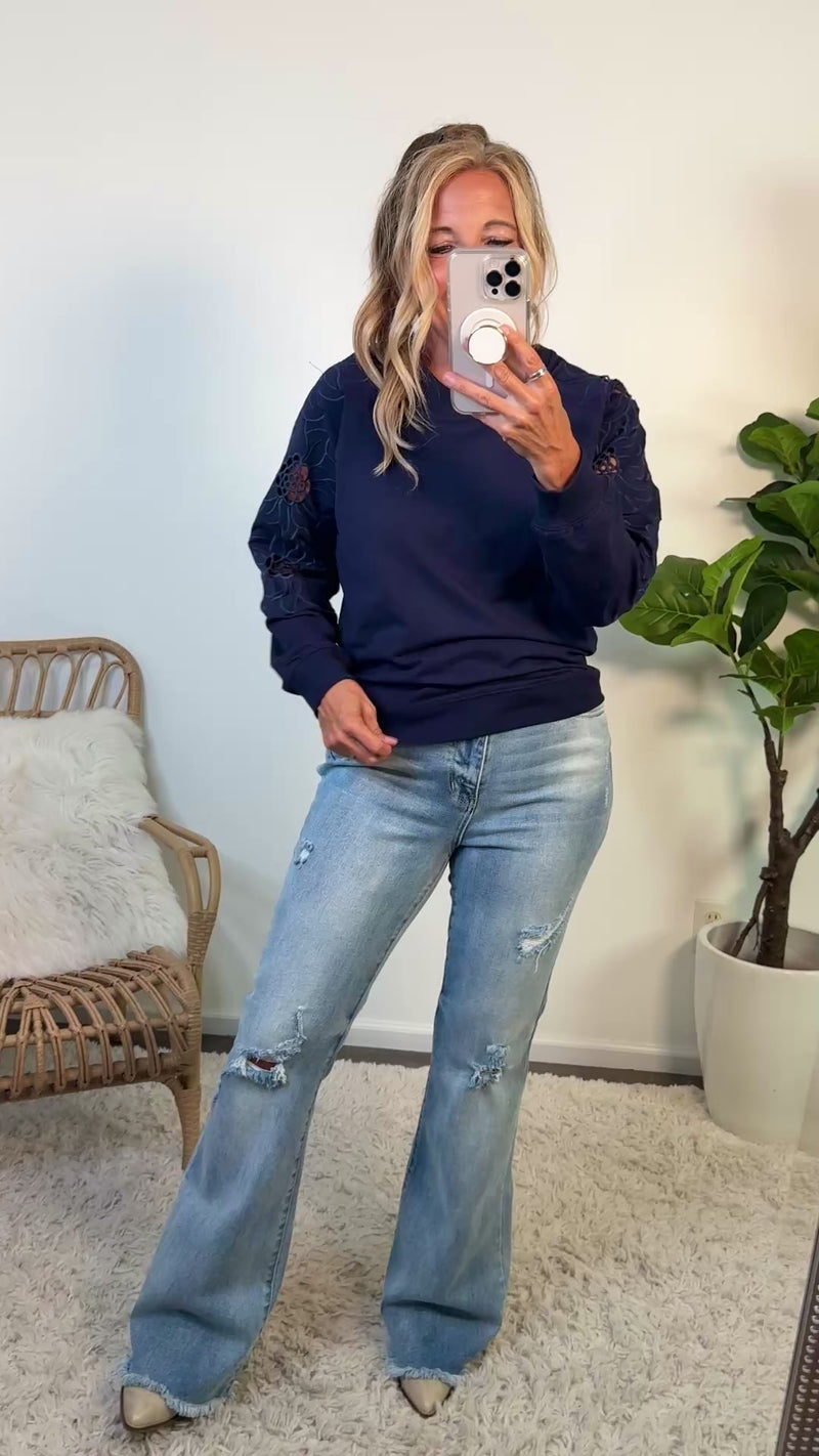 Adela Knit Pullover Embroidery Sleeve: Navy