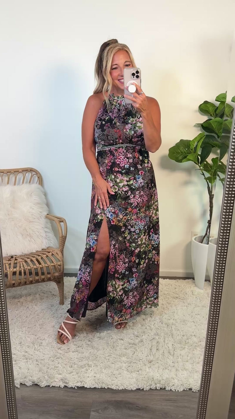 Elsie Floral Print Halter Top Dress : Black