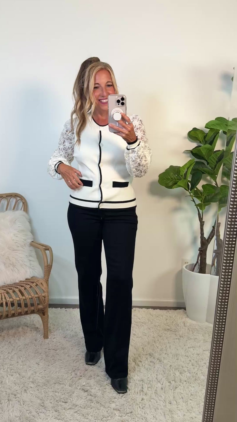 Sunniva Contrast Lace Sleeve Cardigan : Ivory