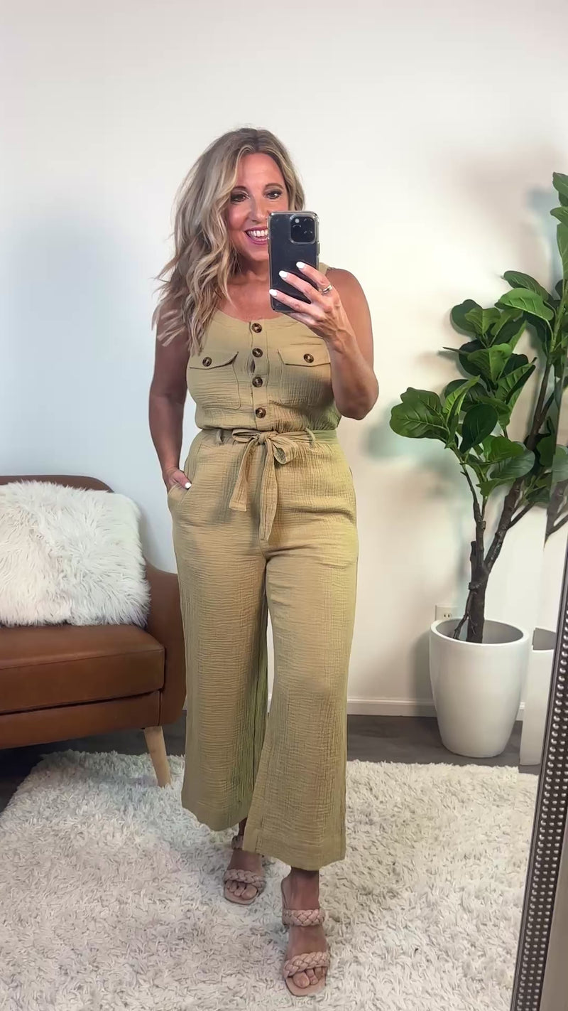 Tribal Sloane Cotton Gauze Belted Jumpsuit : Nude Olive