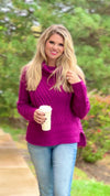 A True Beauty Mixed Cable Knit Turtleneck Sweater : Magenta