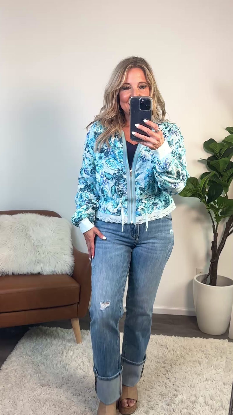 Tresca Scalloped Lace Edge Bomber Jacket : Ocean Blue