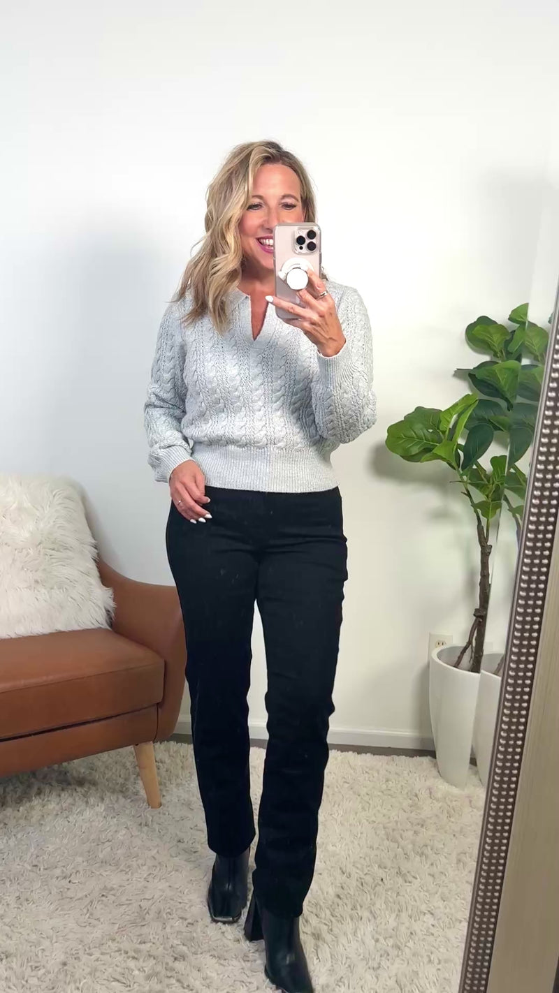 Wynry Cable Knit Johnny Collar Sweater : Heather Gray