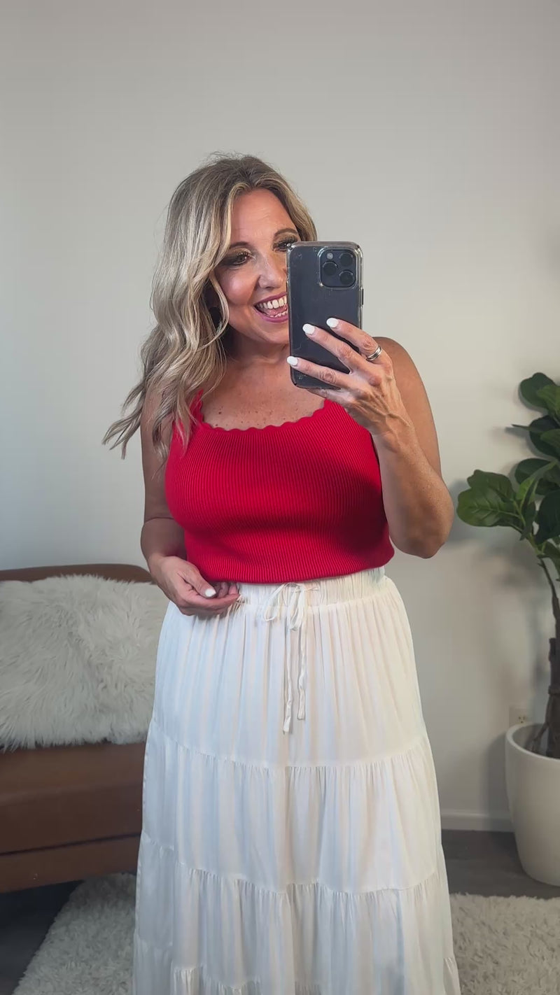 Alexanna Scalloped Rib Tank Top : Red