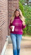 Hold Me Forever Fuzzy Plaid Turtleneck Sweater : Berry