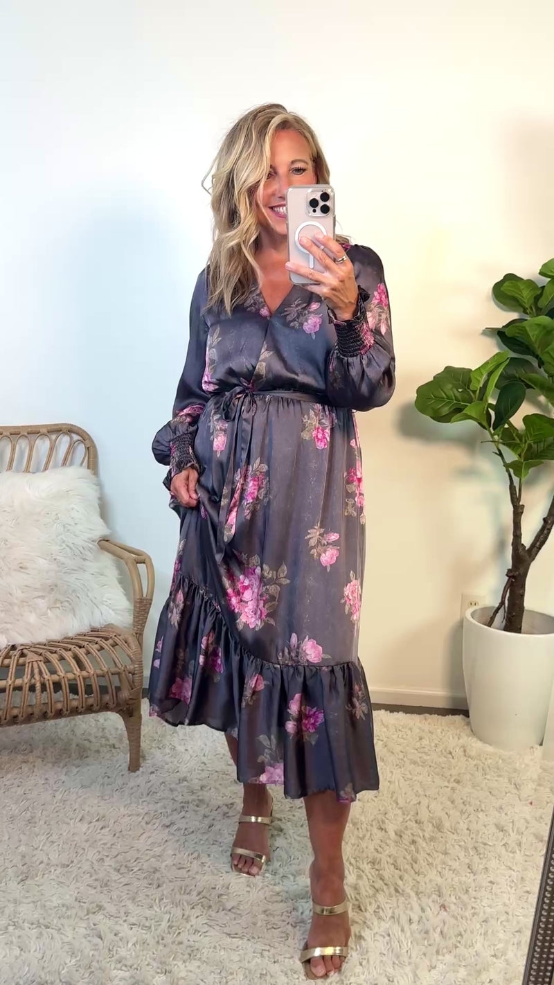 Olivette Surplice Neck Midi Dress : Charcoal