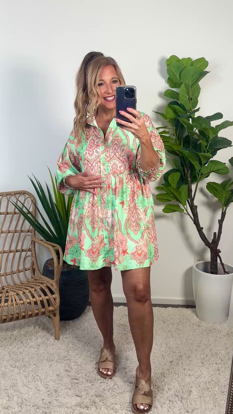 Milania Floral Print Button Up Midi Dress : Green