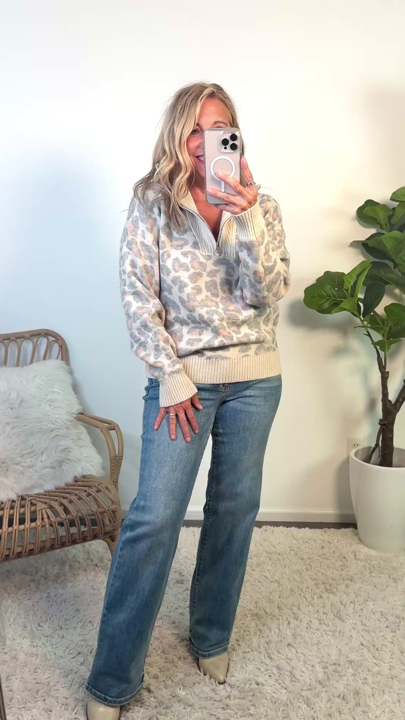 Maeve Leopard Print 1/4 Zip Sweater : Stone