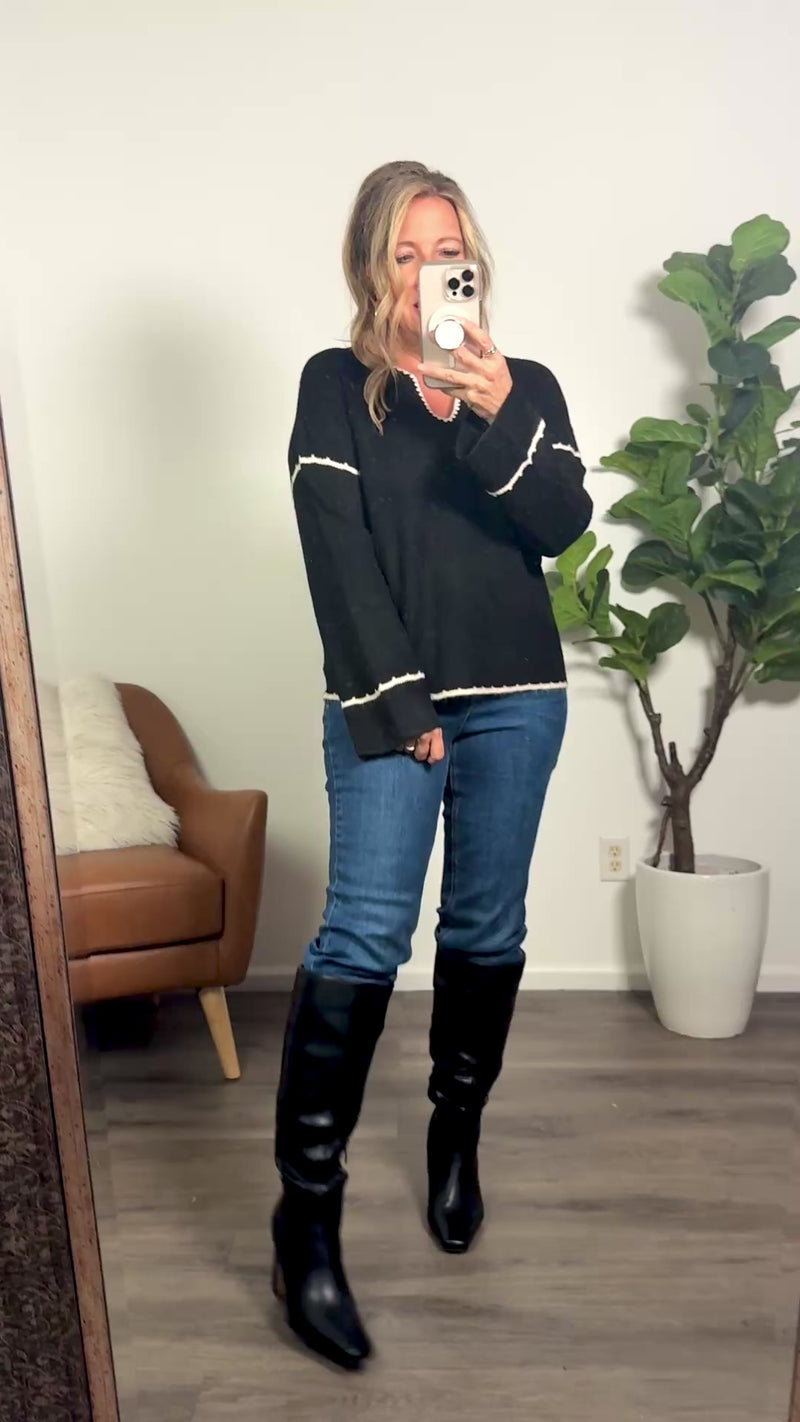 Charlie B Dahlia Ribbed V Neck Notched Sweater : Black