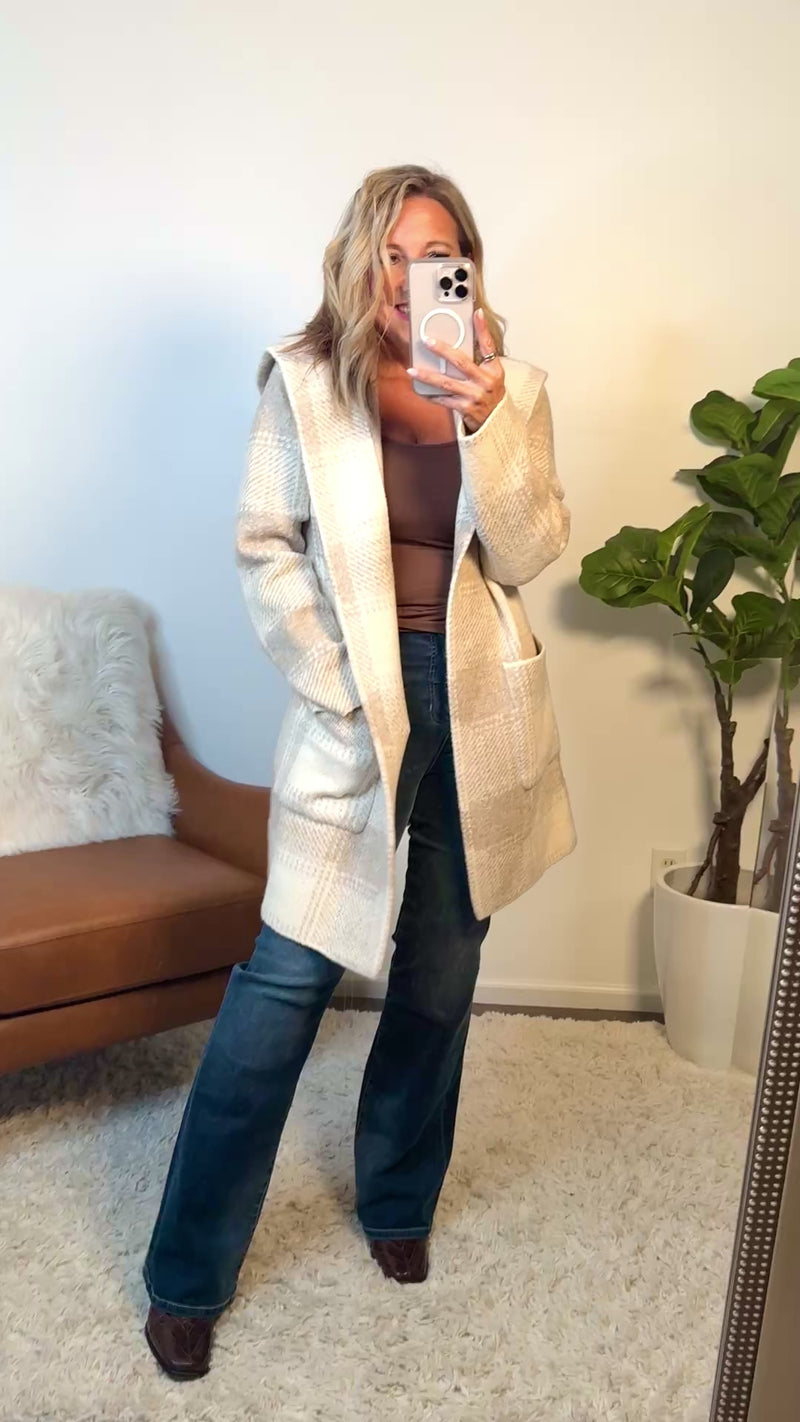 Lyric Cozy Plaid Sweater Hoodie Cardigan : Sand