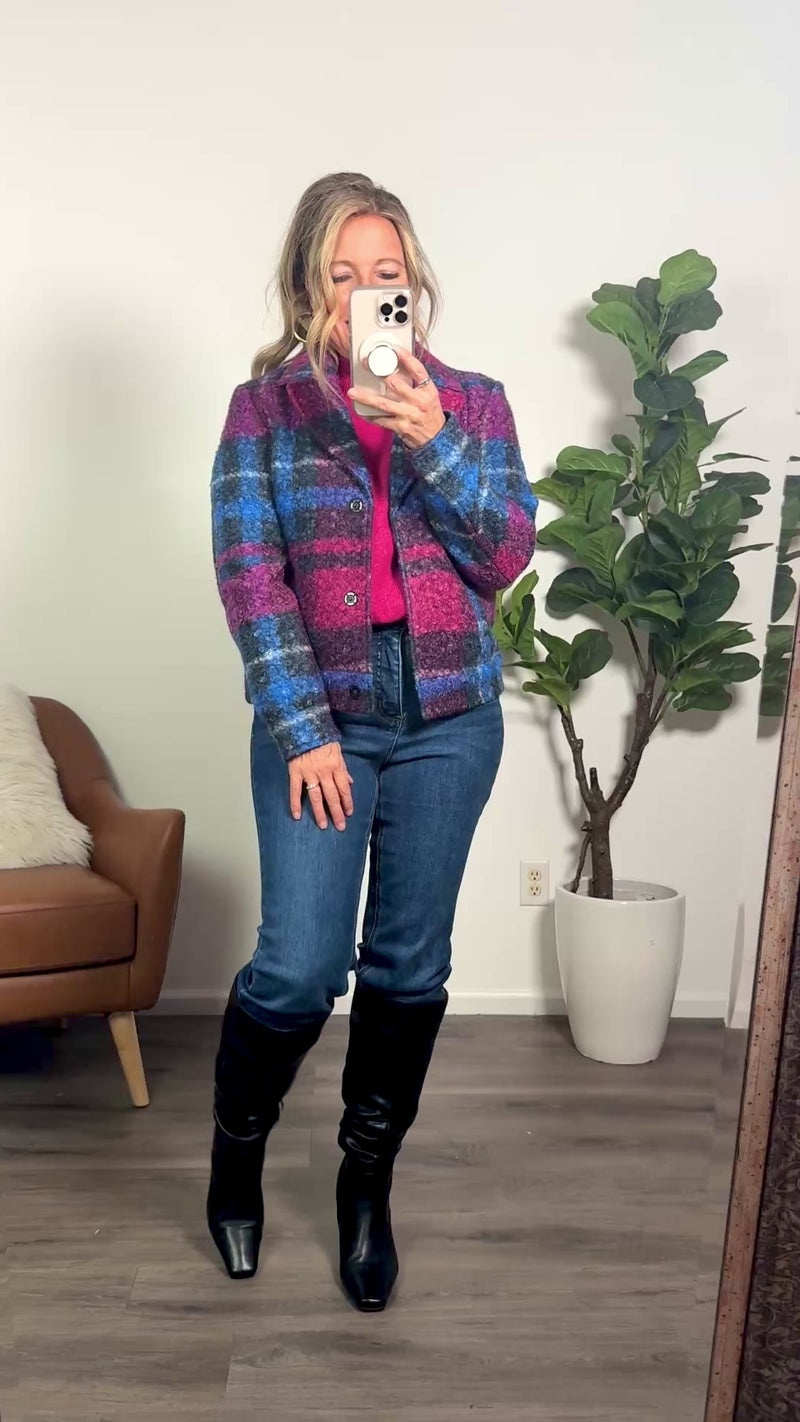 Charlie B Bracken Boucle Plaid Short Jacket : Magenta & Navy