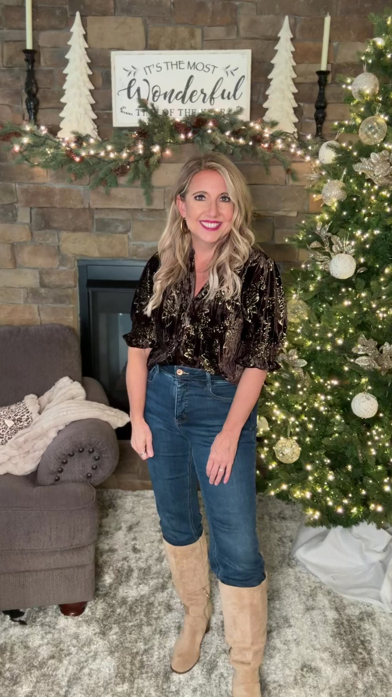 Hilda Metallic Floral Velveteen Top : Brown