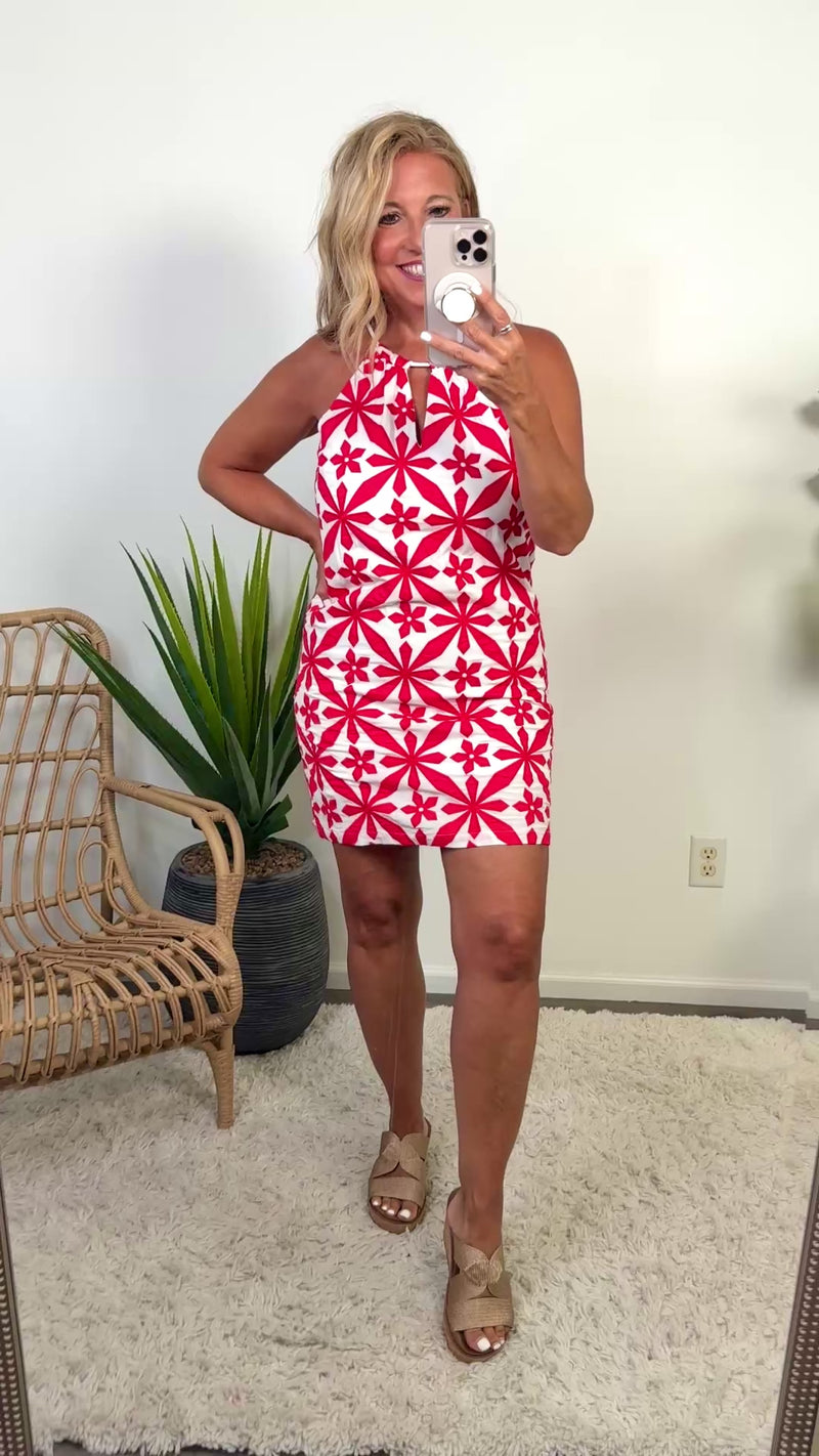 Ayah Embroidered Halter Dress : Red