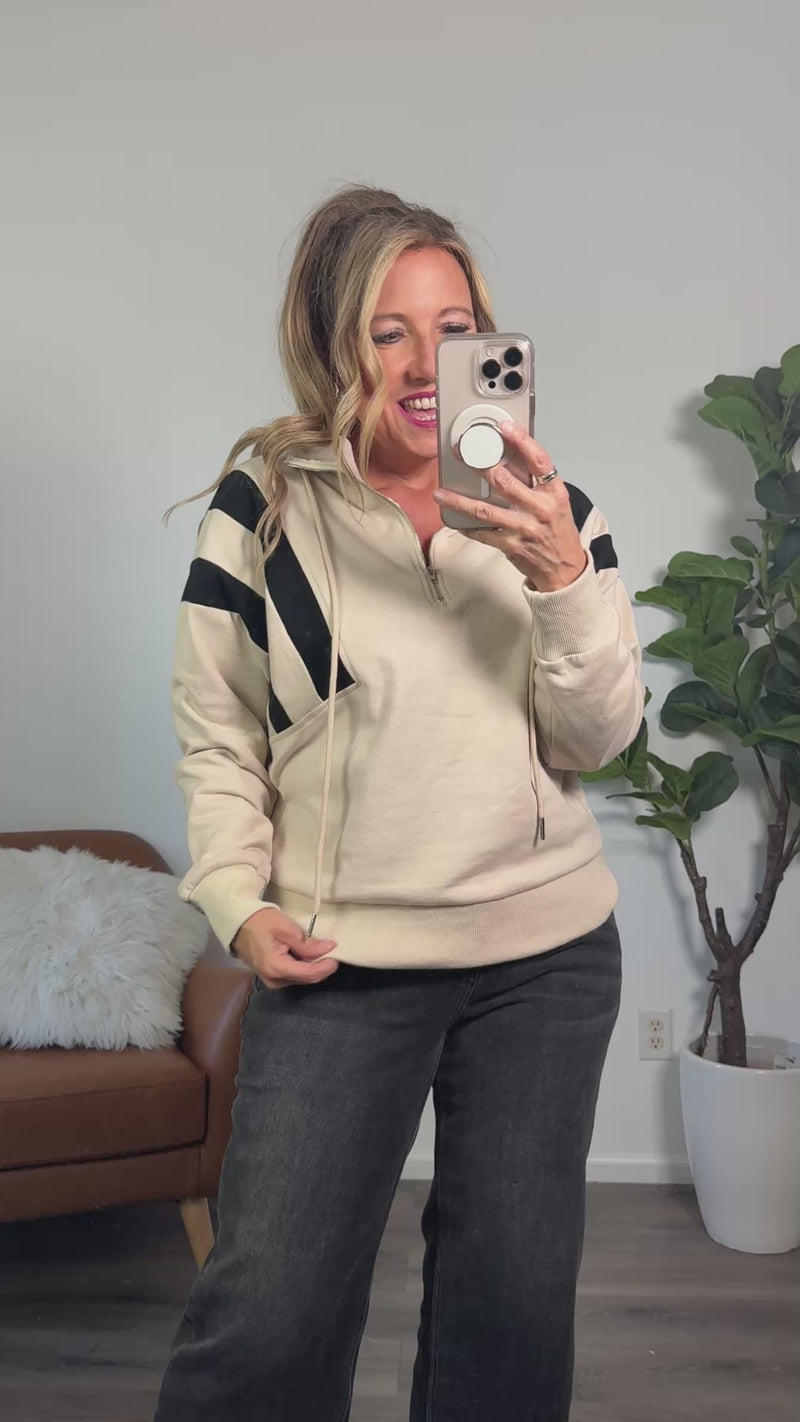 Karina Half Zip Up Hoodie Sweatshirt : Beige