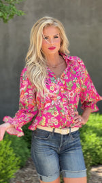 Botanical Thoughts Smocked Button Down Blouse : Pink Floral