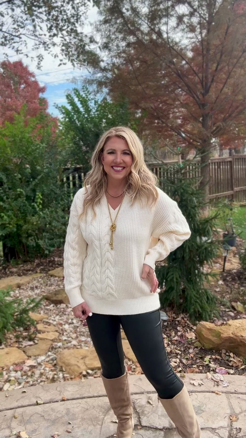 Alyvia V Neck Cable Detail Knitted Sweater : Cream