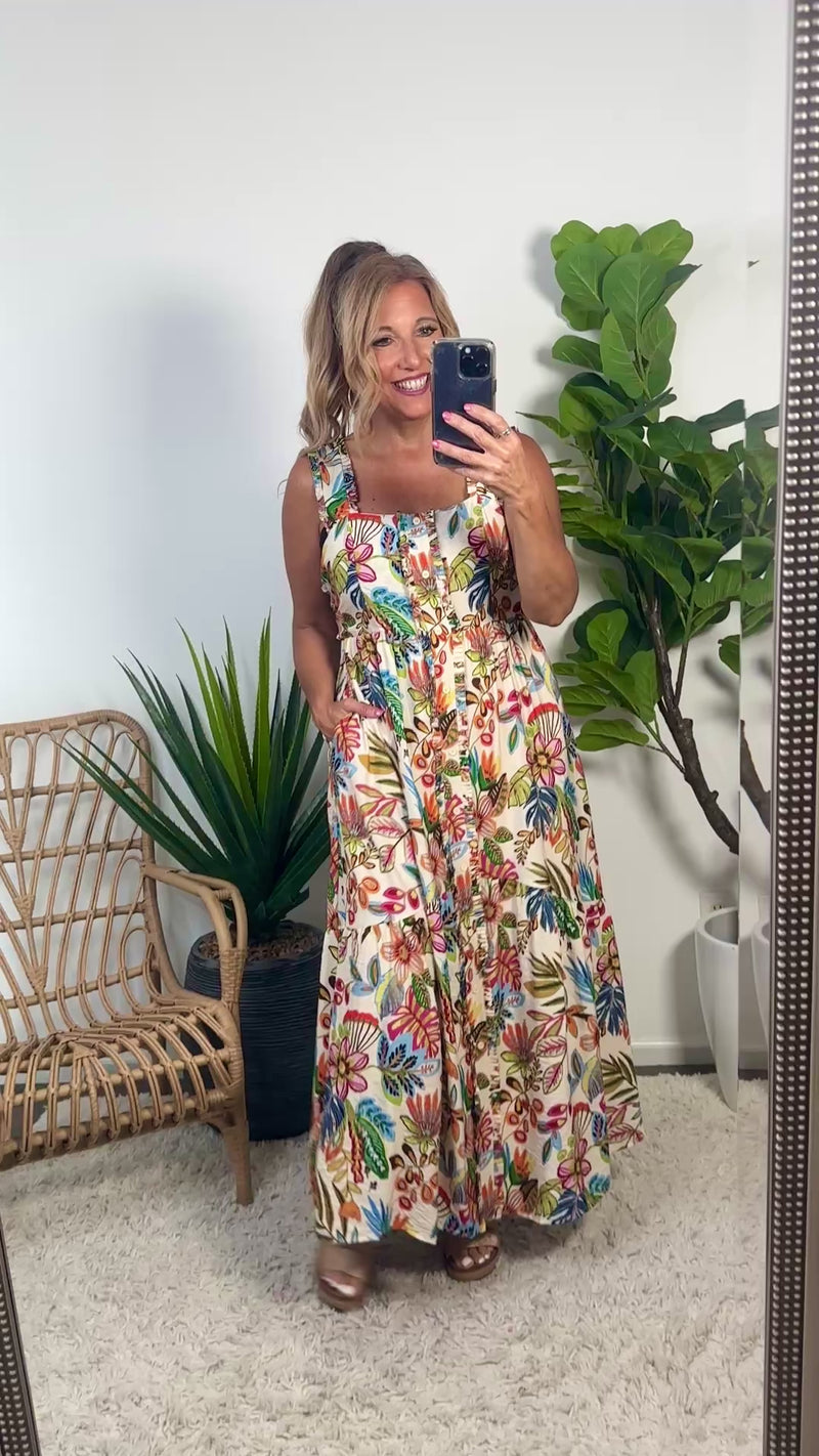 Olea Faux Button Up Floral Print Dress : Natural