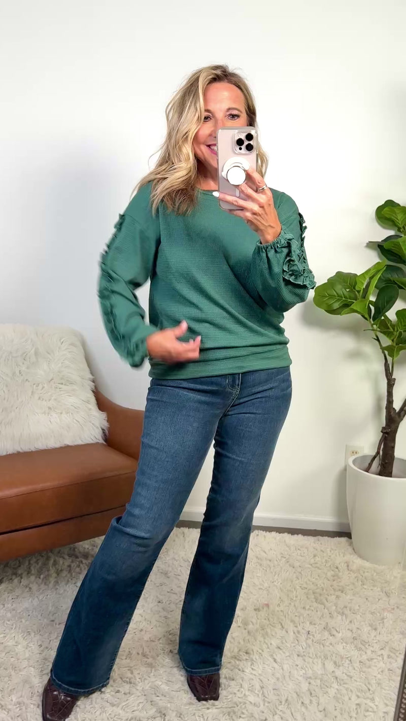 Zelle Textured Knit Ruffled Sleeve Top : H. Green