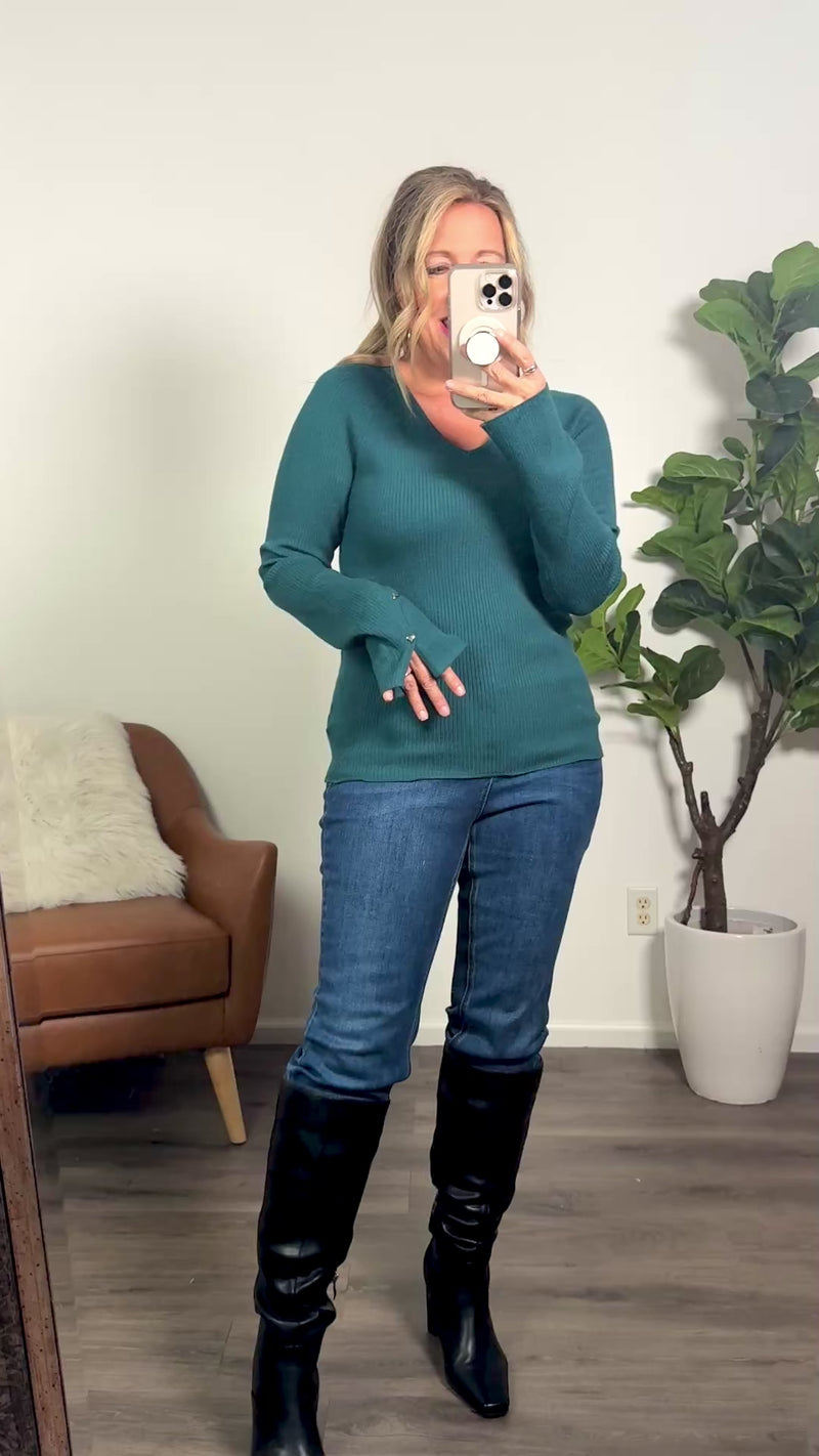 Charlie B Selene V-Neck Sweater With Heart Rivets : Evergreen