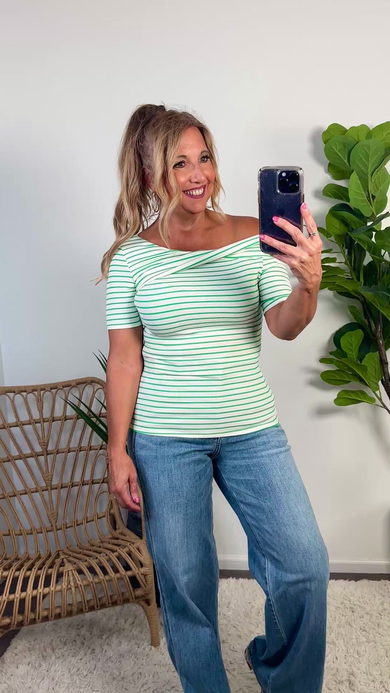 Purdie Asymmetrical Neck Twist Rib Top : Green
