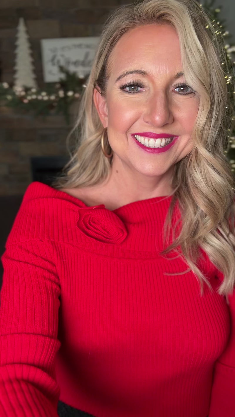 Estella Rose Corsage Off Shoulder Rib Knitted Sweater : Red