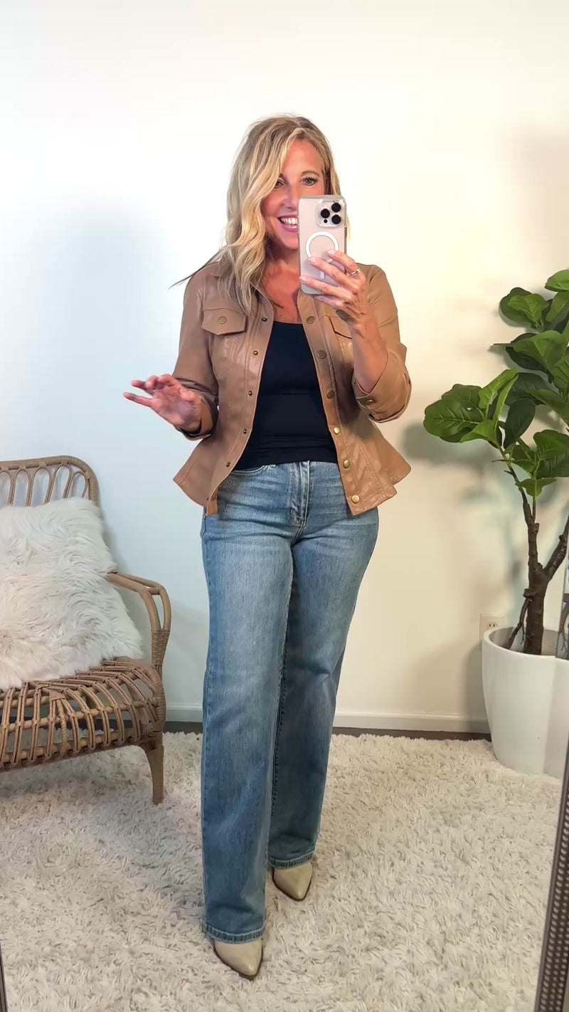 Monroe Cinched 3/4 Sleeve Faux Leather Jacket : Camel