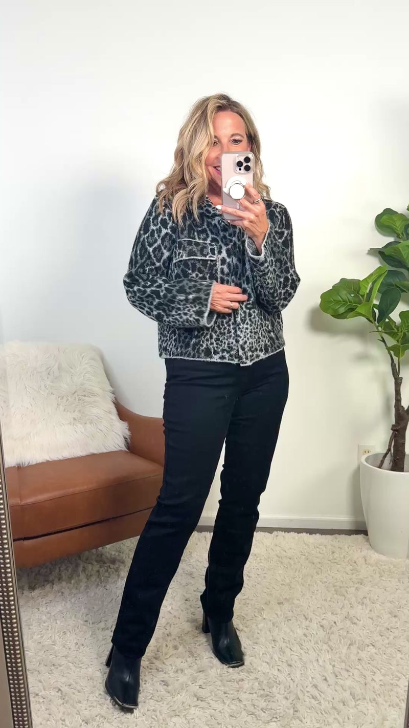 Seema Animal Print Raw Hem Jacket : Black