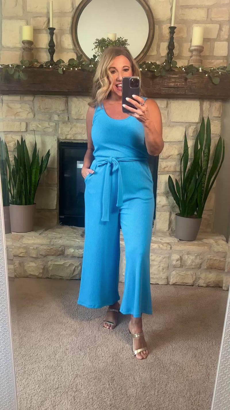 Dalal Ribbed Wide Leg Tank Jumpsuit : Blue